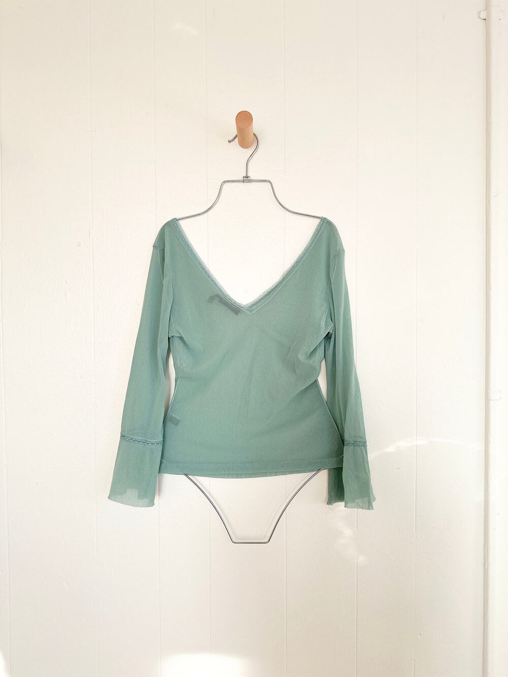 Vintage Y2K The Limited Sage Green Sheer Flared Bell Sleeve V-Neck Top S